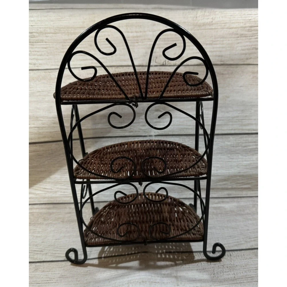 Vintage Rattan Wicker Metal 3 Tiered Shelf Display Doll House 10